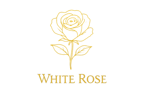 Rose outlined in gold and the name "White Rose" underneath the rose image